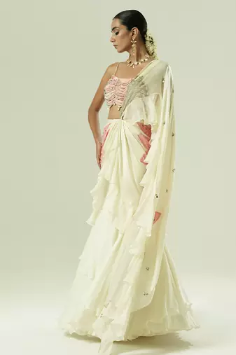 Ivory embroidered georgette saree