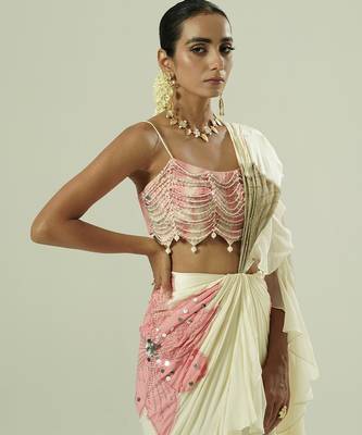 Ivory embroidered georgette saree 4