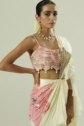 Ivory embroidered georgette saree