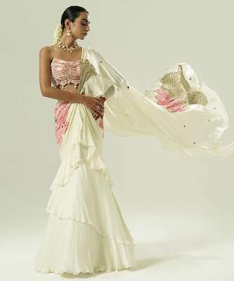 Ivory embroidered georgette saree 5