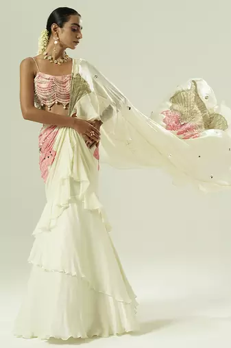 Ivory embroidered georgette saree