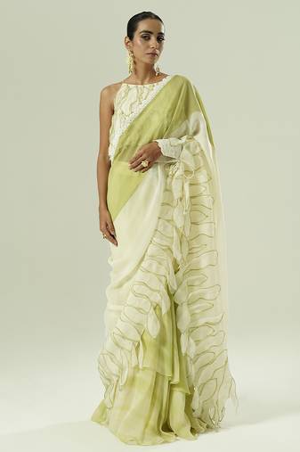 Multicolor plain organza saree