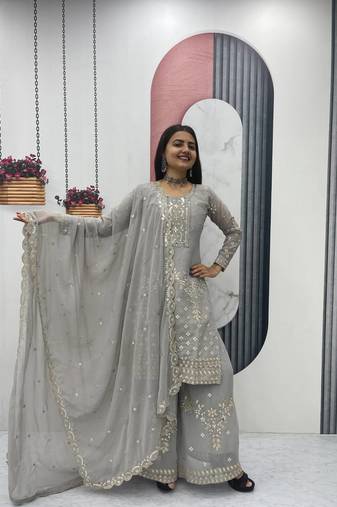 Grey embroidered fox georgette fully stitched palazzo set with thread-sequence work top and dupatta – ethnic wear