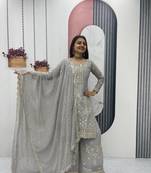 Grey embroidered fox georgette fully stitched palazzo set with thread-sequence work top and dupatta     ethnic wear