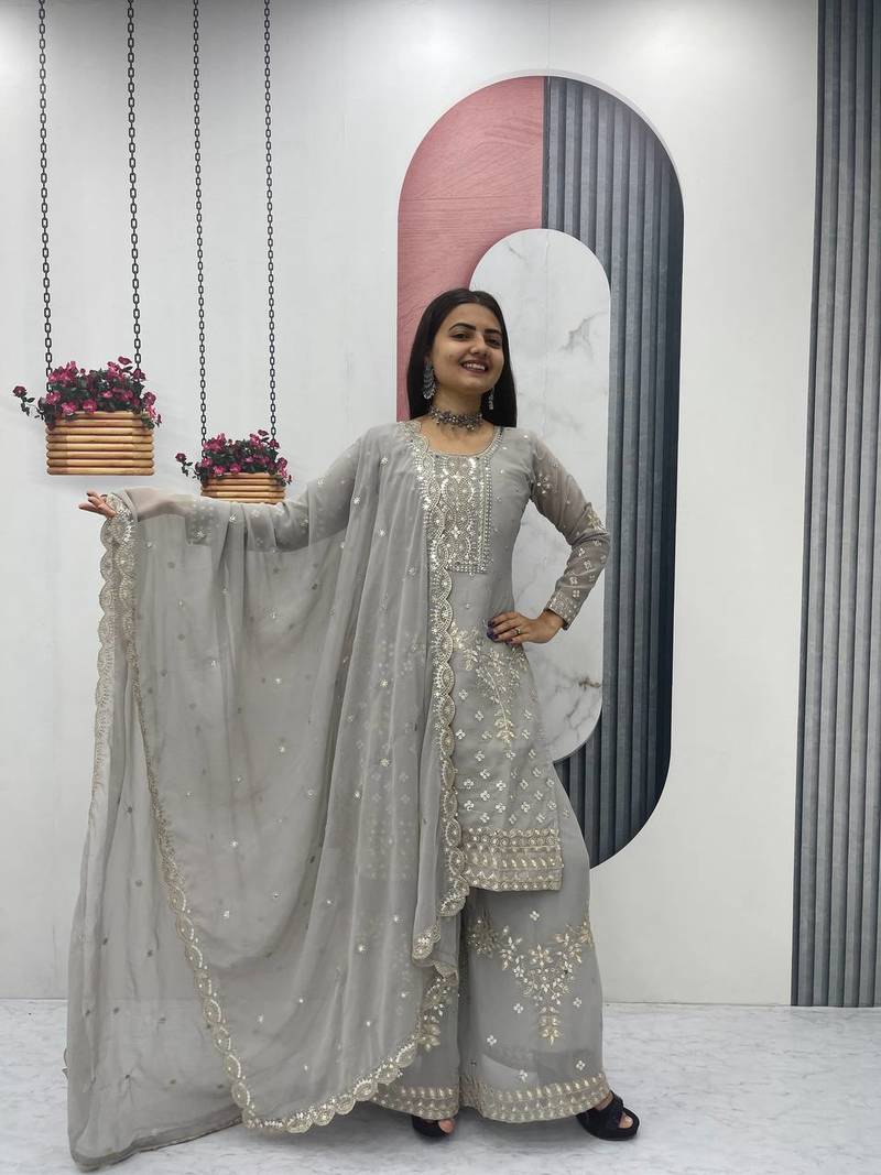 Grey embroidered fox georgette fully stitched palazzo set with thread-sequence work top and dupatta – ethnic wear