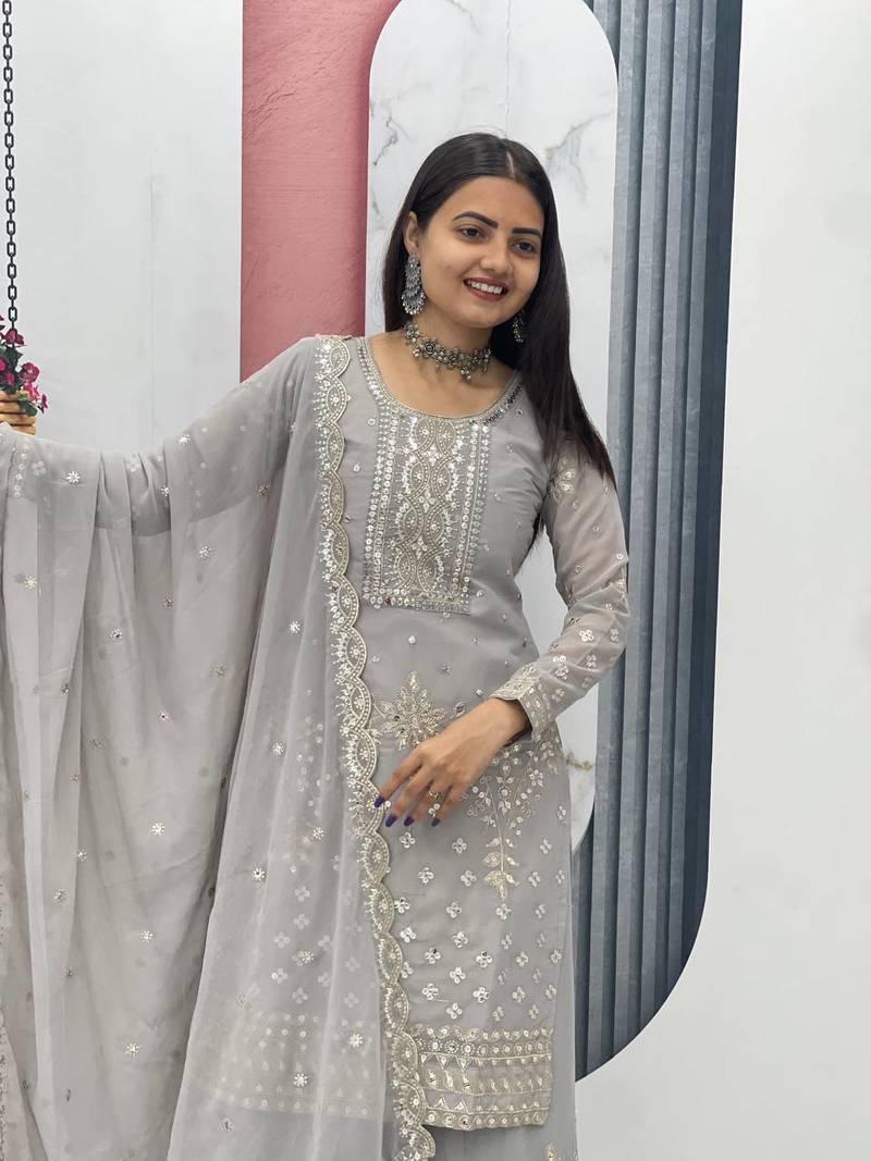 Grey embroidered fox georgette fully stitched palazzo set with thread-sequence work top and dupatta – ethnic wear