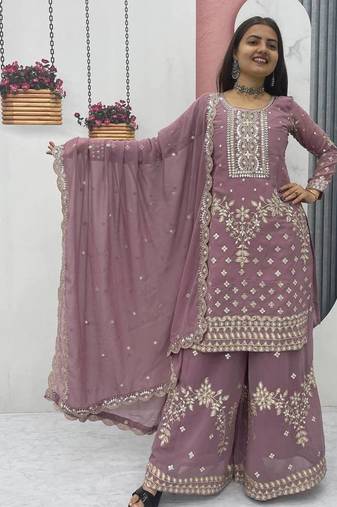 Onion pink embroidered fox georgette fully stitched palazzo set with thread-sequence work top and dupatta