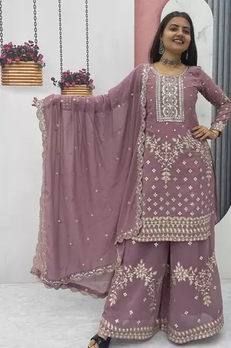Onion pink embroidered fox georgette fully stitched palazzo set with thread-sequence work top and dupatta