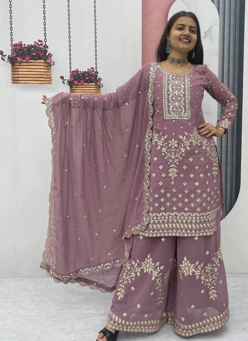 Onion pink embroidered fox georgette fully stitched palazzo set with thread-sequence work top and dupatta
