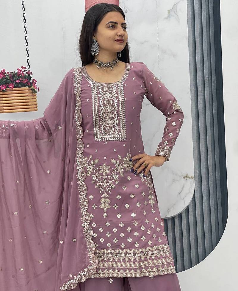 Onion pink embroidered fox georgette fully stitched palazzo set with thread-sequence work top and dupatta
