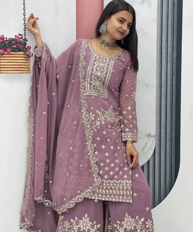 Onion pink embroidered fox georgette fully stitched palazzo set with thread-sequence work top and dupatta