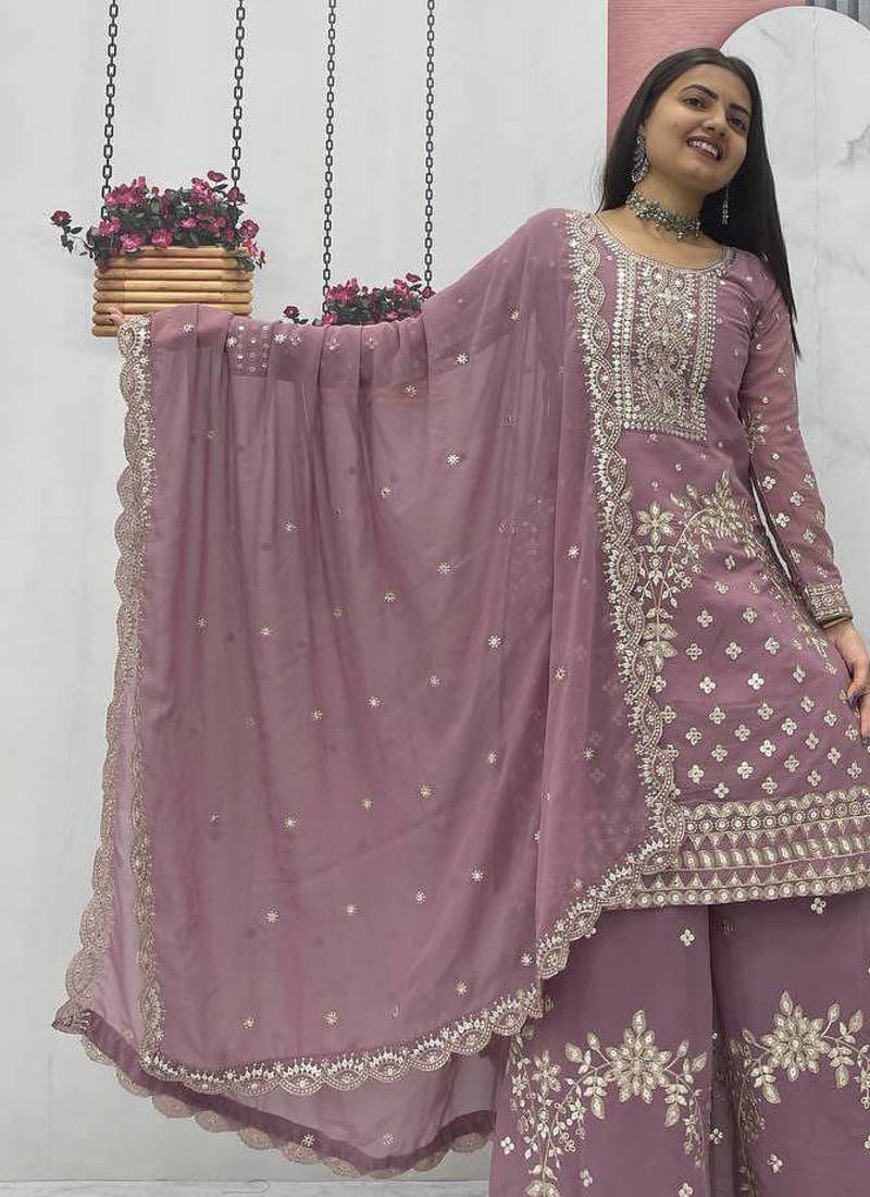 Onion pink embroidered fox georgette fully stitched palazzo set with thread-sequence work top and dupatta