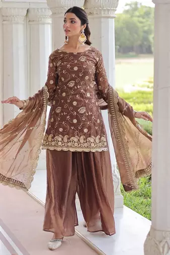 Coffee sequins & zari embroidered fendy fabric fully stitched sharara set with stylish top and dupatta