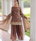 Coffee sequins & zari embroidered fendy fabric fully stitched sharara set with stylish top and dupatta