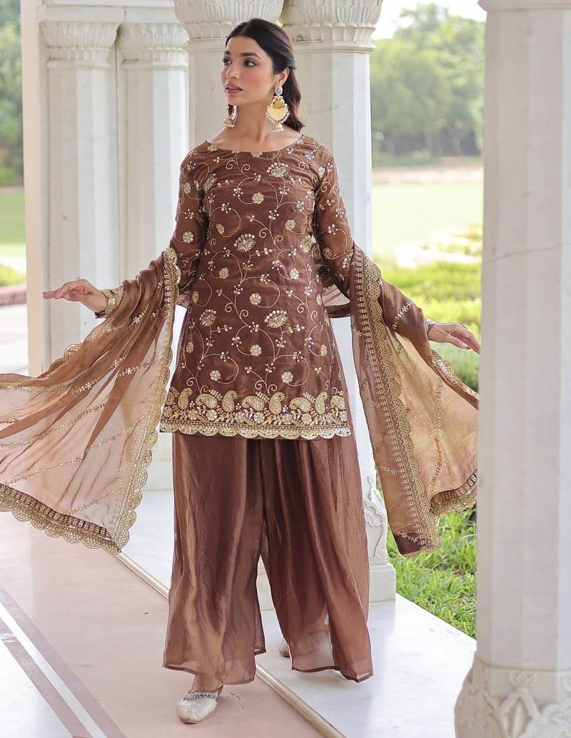 Coffee sequins & zari embroidered fendy fabric fully stitched sharara set with stylish top and dupatta