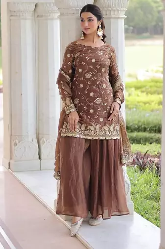 Coffee sequins & zari embroidered fendy fabric fully stitched sharara set with stylish top and dupatta