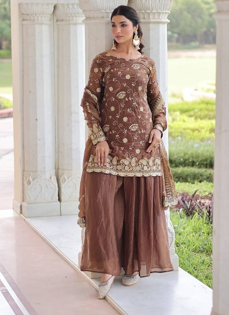 Coffee sequins & zari embroidered fendy fabric fully stitched sharara set with stylish top and dupatta