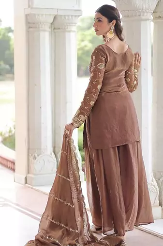 Coffee sequins & zari embroidered fendy fabric fully stitched sharara set with stylish top and dupatta