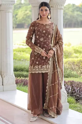 Coffee sequins & zari embroidered fendy fabric fully stitched sharara set with stylish top and dupatta