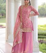 Pink sequins & zari embroidered fendy fabric fully stitched sharara set with stylish top and dupatta