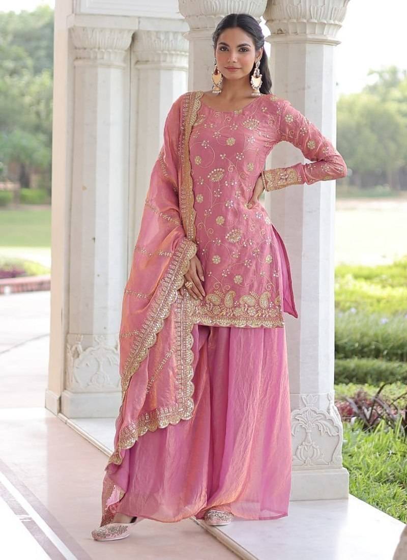 Pink sequins & zari embroidered fendy fabric fully stitched sharara set with stylish top and dupatta