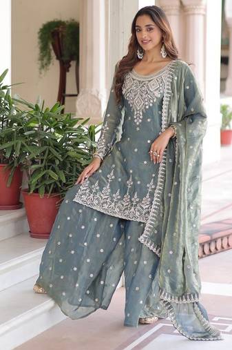 Teal blue coding sequins embroidered fendi silk fully stitched sharara set with kurti and dupatta