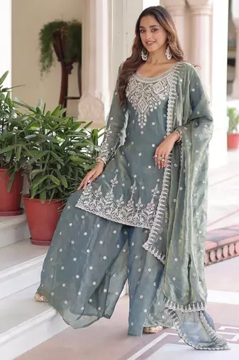 Teal blue coding sequins embroidered fendi silk fully stitched sharara set with kurti and dupatta