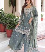 Teal blue coding sequins embroidered fendi silk fully stitched sharara set with kurti and dupatta
