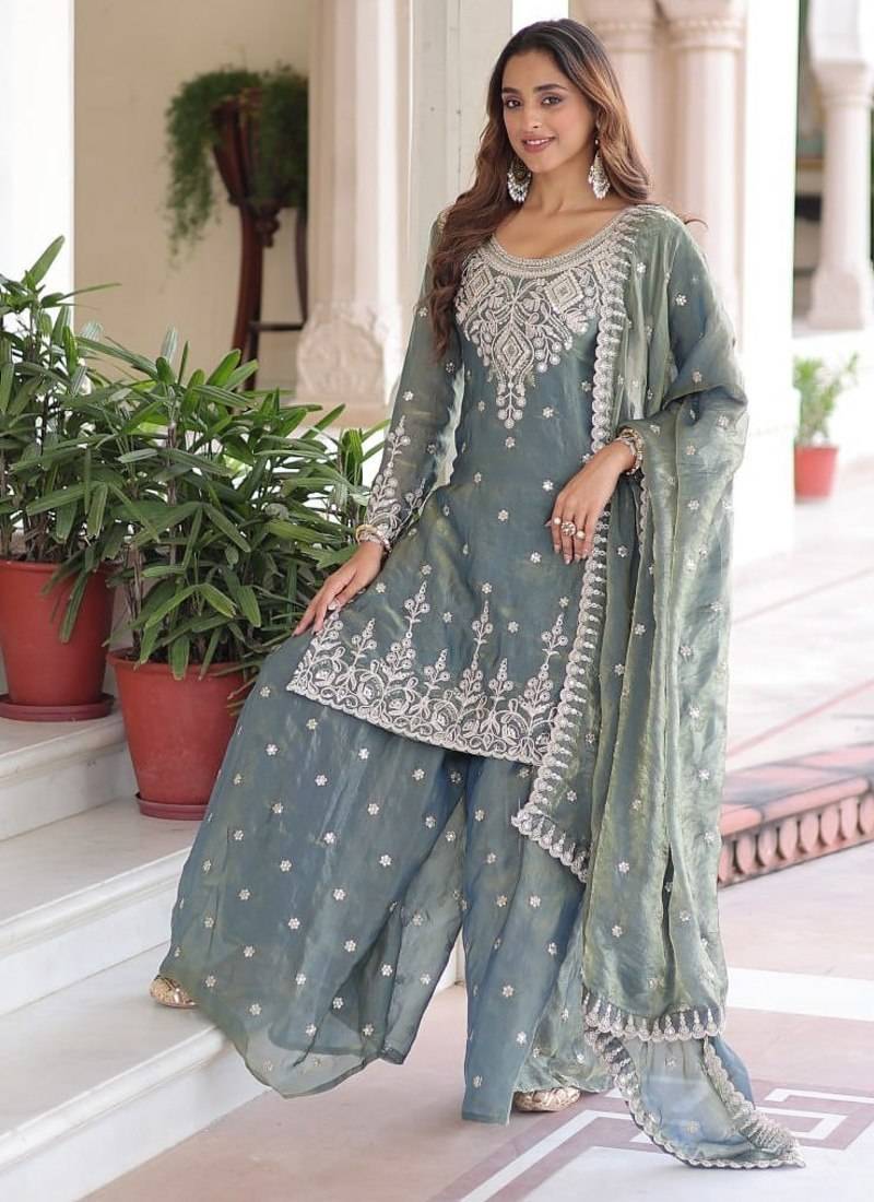 Teal blue coding sequins embroidered fendi silk fully stitched sharara set with kurti and dupatta