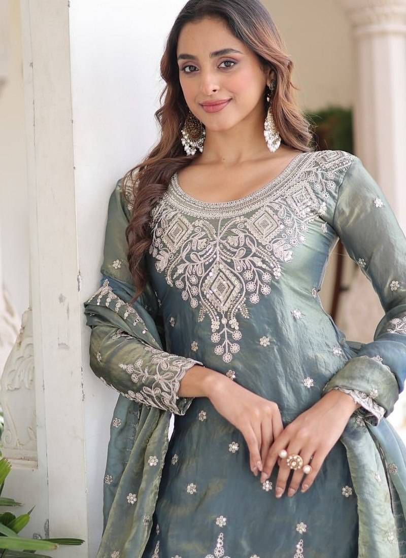 Teal blue coding sequins embroidered fendi silk fully stitched sharara set with kurti and dupatta