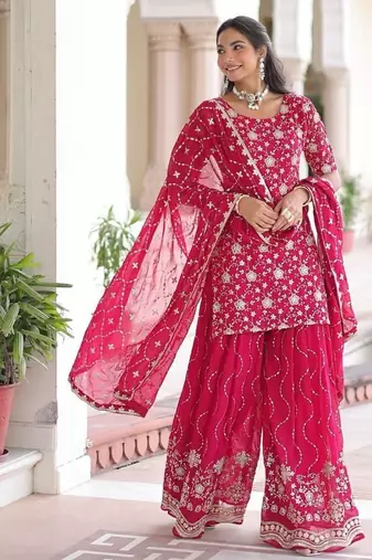 Pink sequins embroidered faux georgette fully stitched sharara set with kurti and dupatta     designer ethnic wear