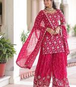 Pink sequins embroidered faux georgette fully stitched sharara set with kurti and dupatta     designer ethnic wear