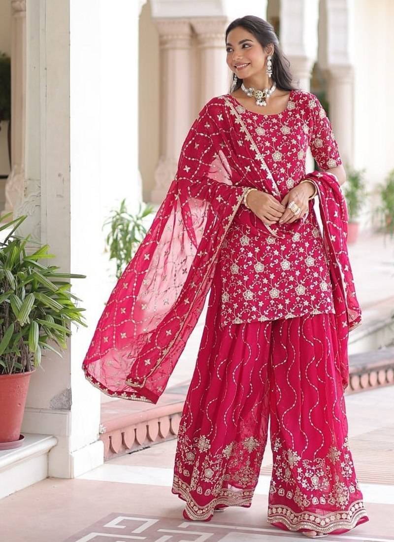 Pink sequins embroidered faux georgette fully stitched sharara set with kurti and dupatta – designer ethnic wear