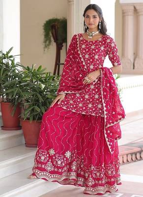 Pink sequins embroidered faux georgette fully stitched sharara set with kurti and dupatta     designer ethnic wear 2