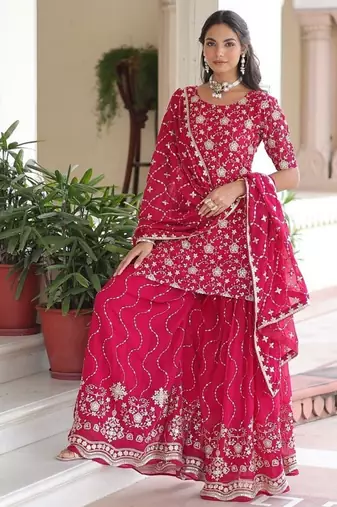 Pink sequins embroidered faux georgette fully stitched sharara set with kurti and dupatta     designer ethnic wear