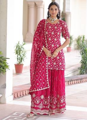 Pink sequins embroidered faux georgette fully stitched sharara set with kurti and dupatta     designer ethnic wear 3