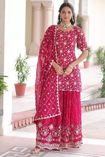 Pink sequins embroidered faux georgette fully stitched sharara set with kurti and dupatta     designer ethnic wear