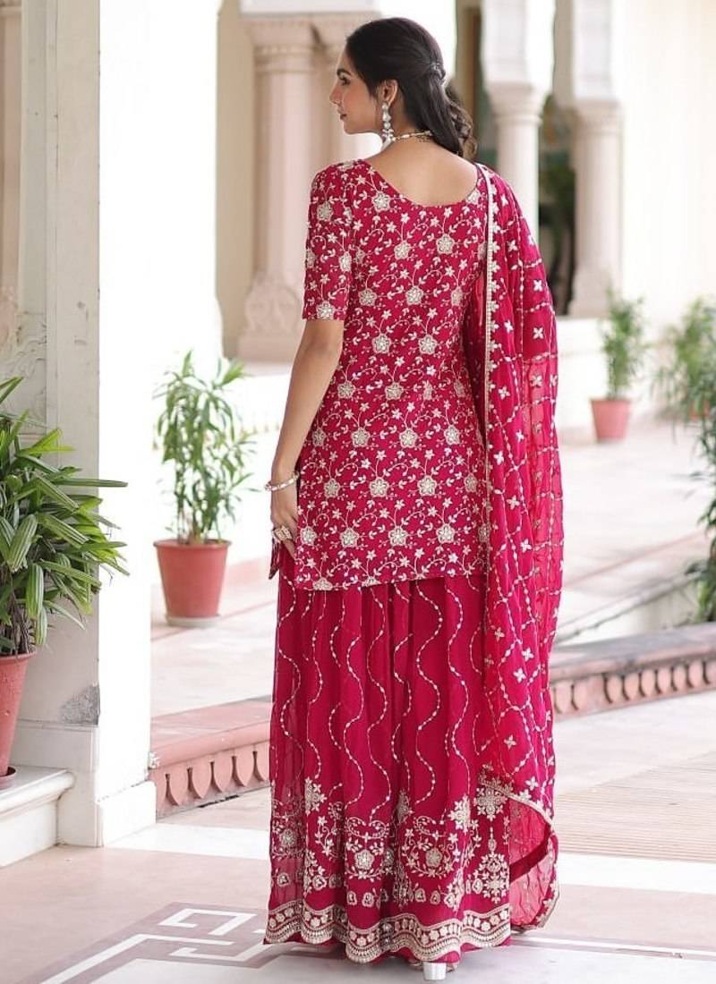 Pink sequins embroidered faux georgette fully stitched sharara set with kurti and dupatta – designer ethnic wear