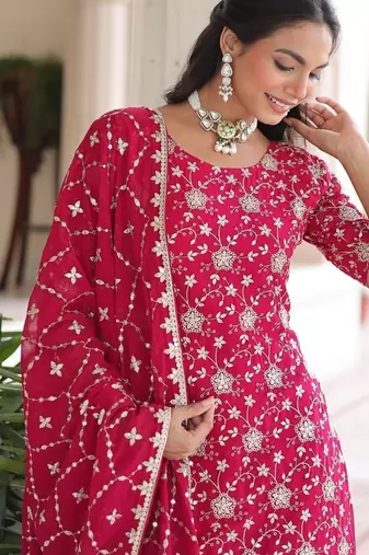 Pink sequins embroidered faux georgette fully stitched sharara set with kurti and dupatta     designer ethnic wear