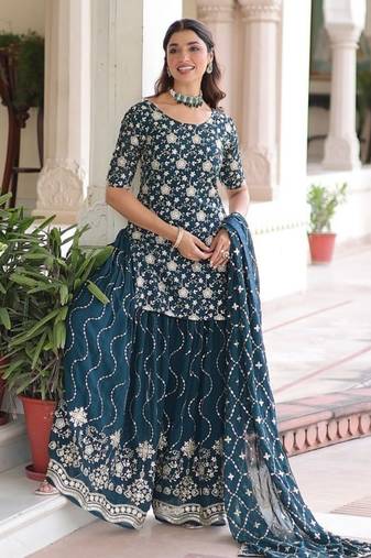 Blue sequins embroidered faux georgette fully stitched sharara set with kurti and dupatta – designer ethnic wear
