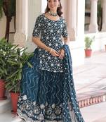 Blue sequins embroidered faux georgette fully stitched sharara set with kurti and dupatta     designer ethnic wear