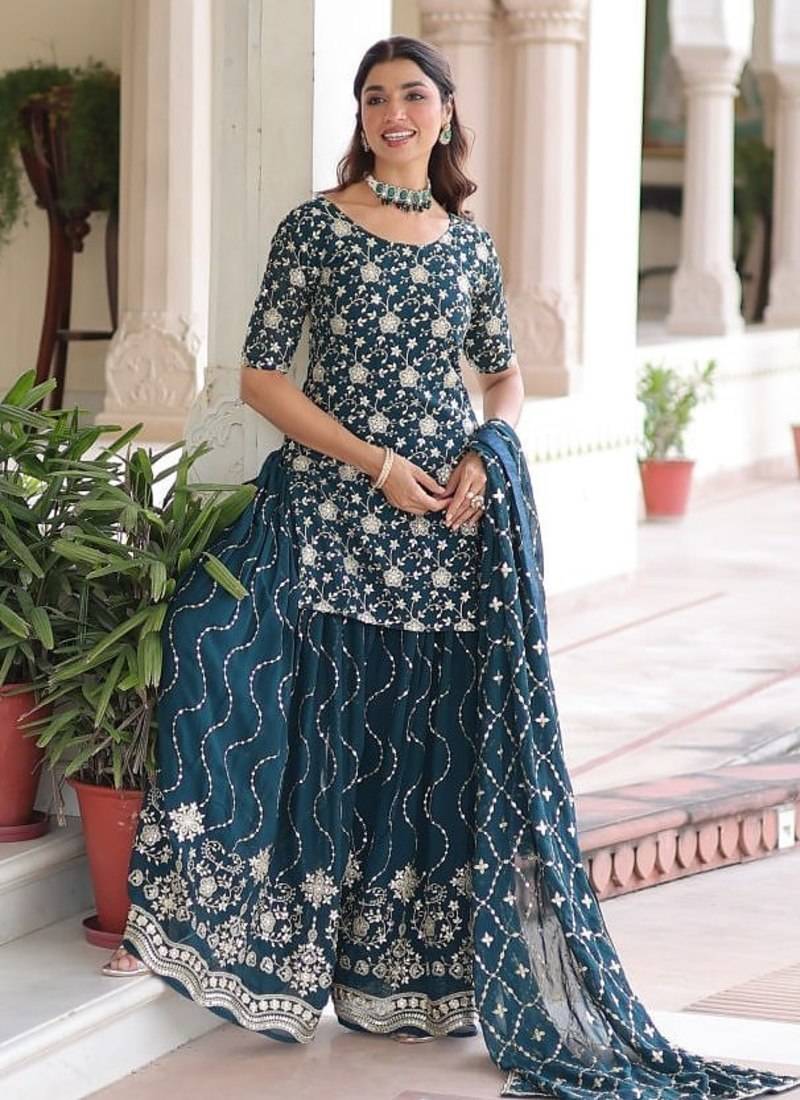 Blue sequins embroidered faux georgette fully stitched sharara set with kurti and dupatta – designer ethnic wear