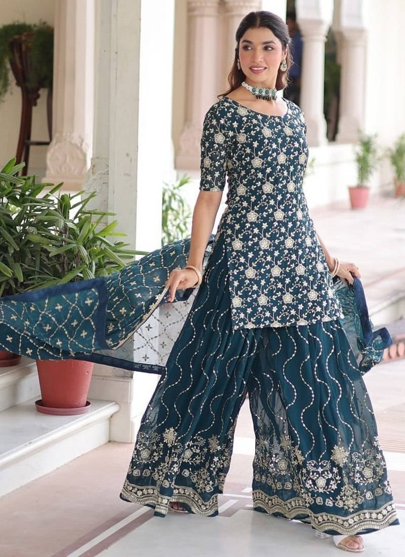 Blue sequins embroidered faux georgette fully stitched sharara set with kurti and dupatta – designer ethnic wear