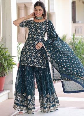 Blue sequins embroidered faux georgette fully stitched sharara set with kurti and dupatta     designer ethnic wear 4