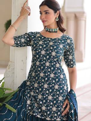 Blue sequins embroidered faux georgette fully stitched sharara set with kurti and dupatta     designer ethnic wear 5