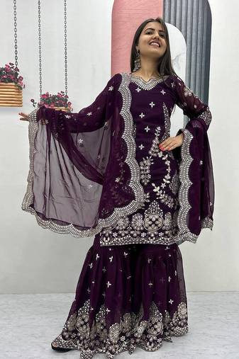 Wine embroidered fox georgette fully stitched sharara set with thread-sequence work,stylish top & sharara bottom