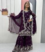 Wine embroidered fox georgette fully stitched sharara set with thread-sequence work,stylish top & sharara bottom