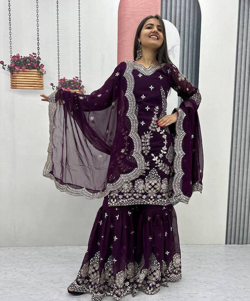Wine embroidered fox georgette fully stitched sharara set with thread-sequence work,stylish top & sharara bottom