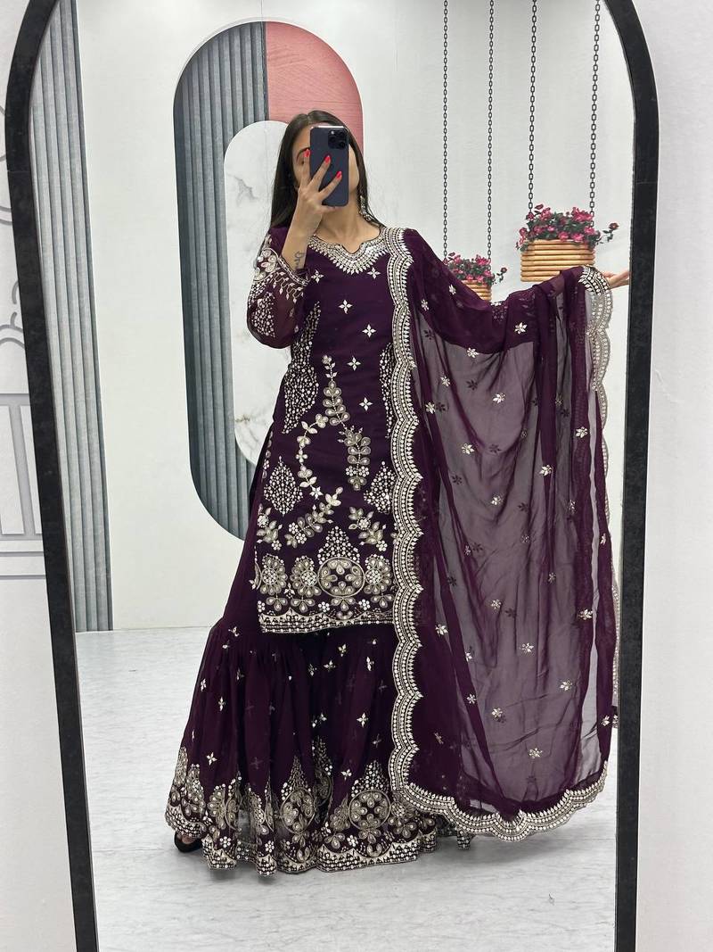 Wine embroidered fox georgette fully stitched sharara set with thread-sequence work,stylish top & sharara bottom