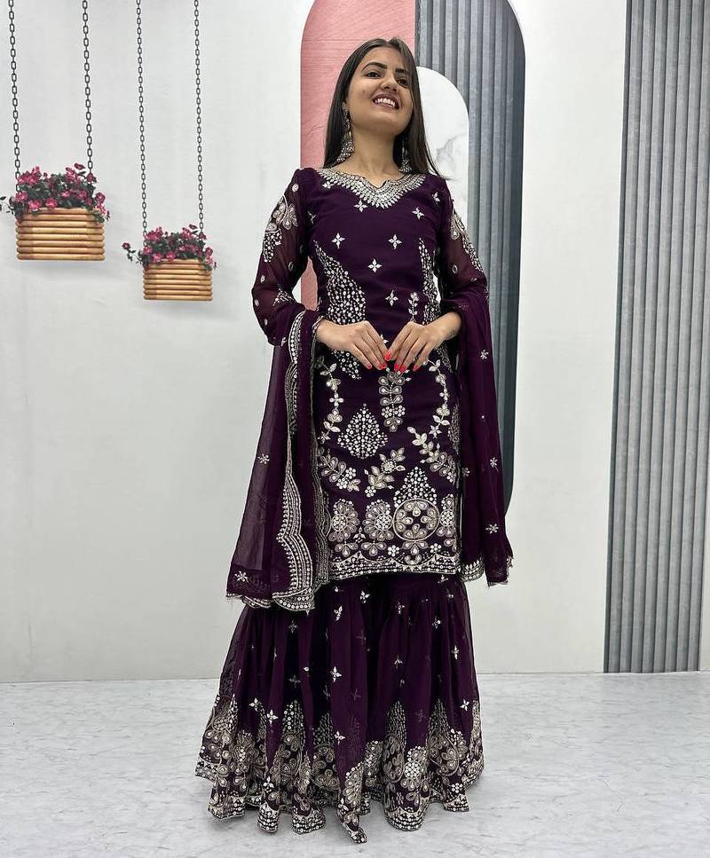Wine embroidered fox georgette fully stitched sharara set with thread-sequence work,stylish top & sharara bottom